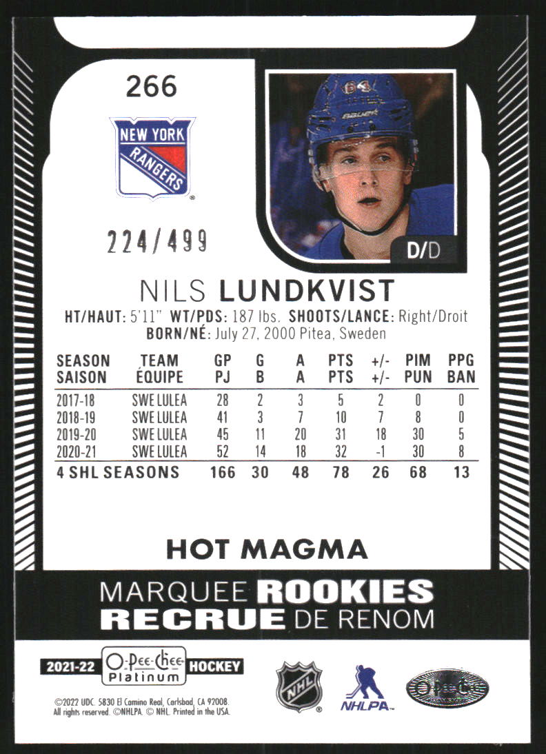 2021-22 O-Pee-Chee Platinum Hot Magma #266 Nils Lundkvist