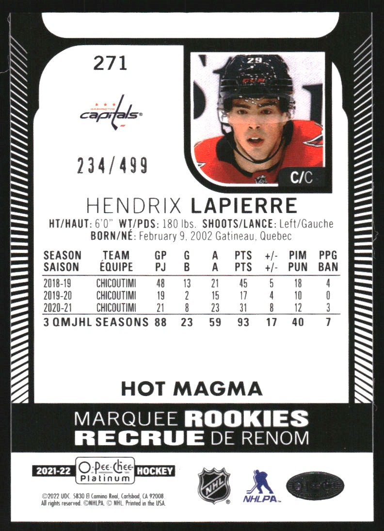 2021-22 O-Pee-Chee Platinum Hot Magma #271 Hendrix Lapierre