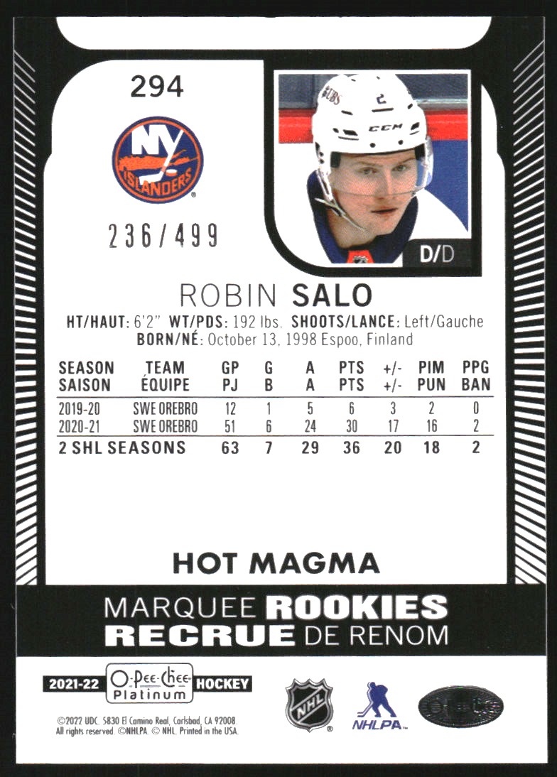 2021-22 O-Pee-Chee Platinum Hot Magma #294 Robin Salo