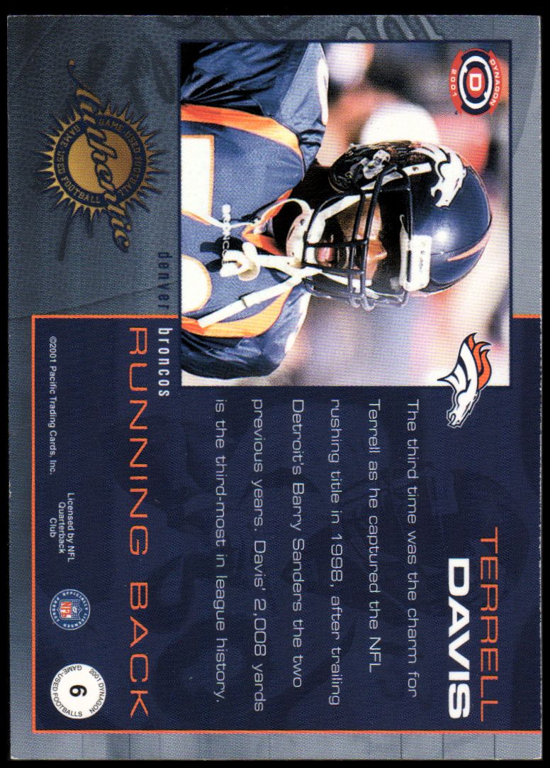 2001 Pacific Dynagon Game Used Footballs #6 Terrell Davis back image