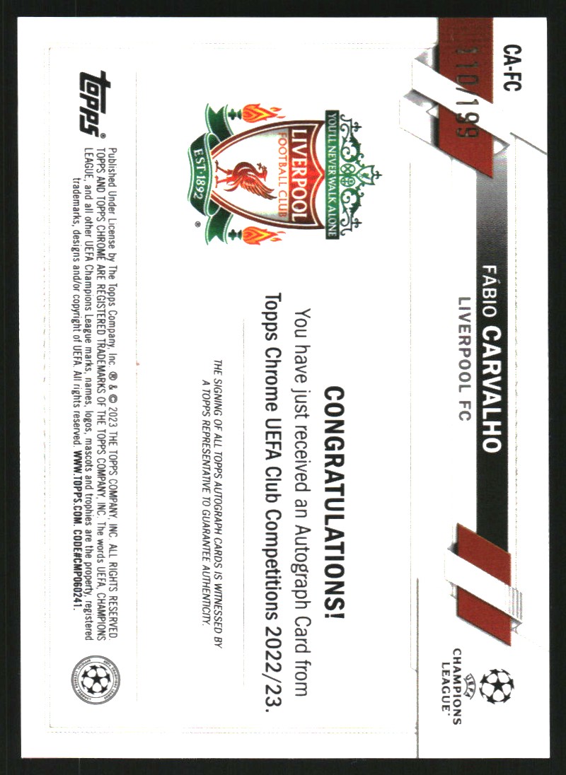 2022-23 Topps Chrome UEFA Club Competitions Autographs Aqua Refractors #CAFC Fabio Carvalho