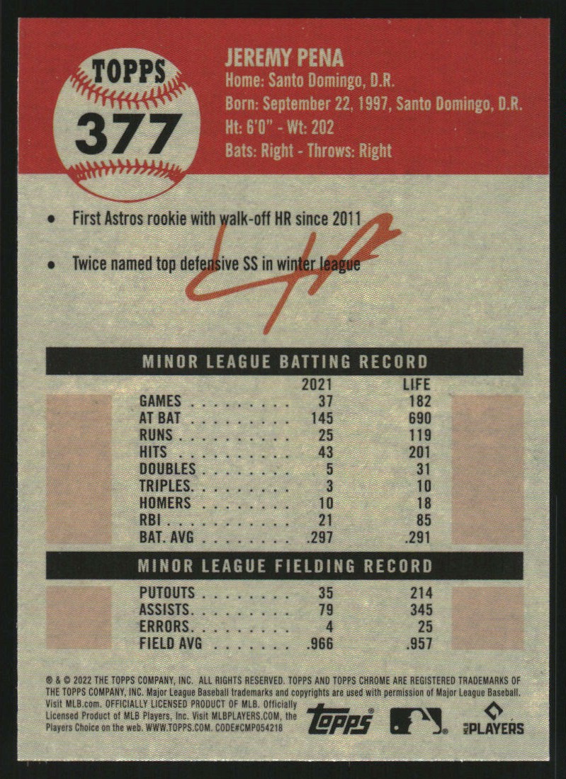 2022 Topps Chrome Platinum Anniversary Black and White Mini-Diamond Refractors #377 Jeremy Pena