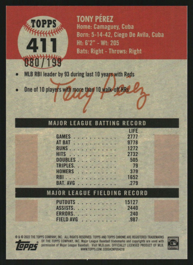 2022 Topps Chrome Platinum Anniversary Blue Mini-Diamond Refractors #411 Tony Perez