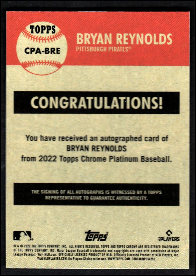2022 Topps Chrome Platinum Anniversary Autographs #CPABRE Bryan Reynolds back image