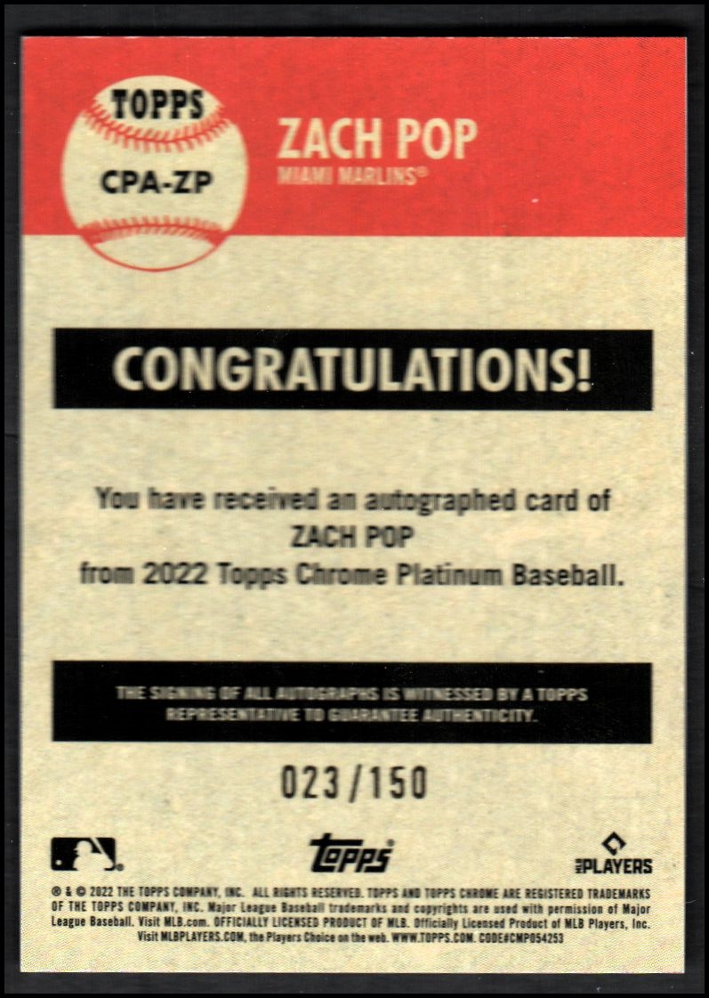 2022 Topps Chrome Platinum Anniversary Autographs Aqua Refractors #CPAZP Zach Pop back image