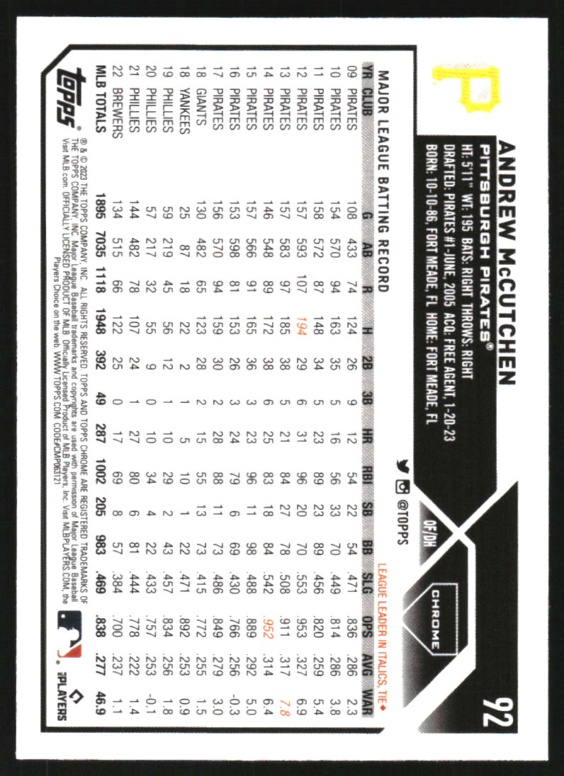 2023 Topps Chrome Pink Refractors #92 Andrew McCutchen