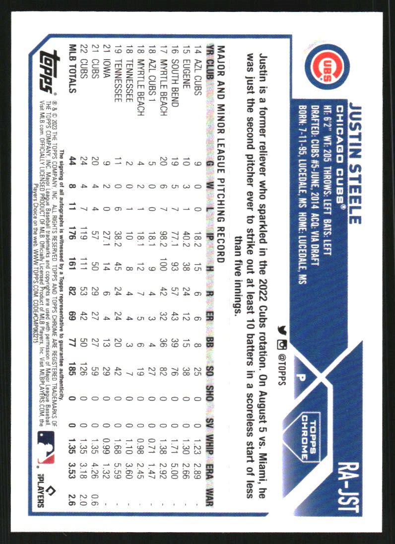 2023 Topps Chrome Rookie Autographs #RAJST Justin Steele