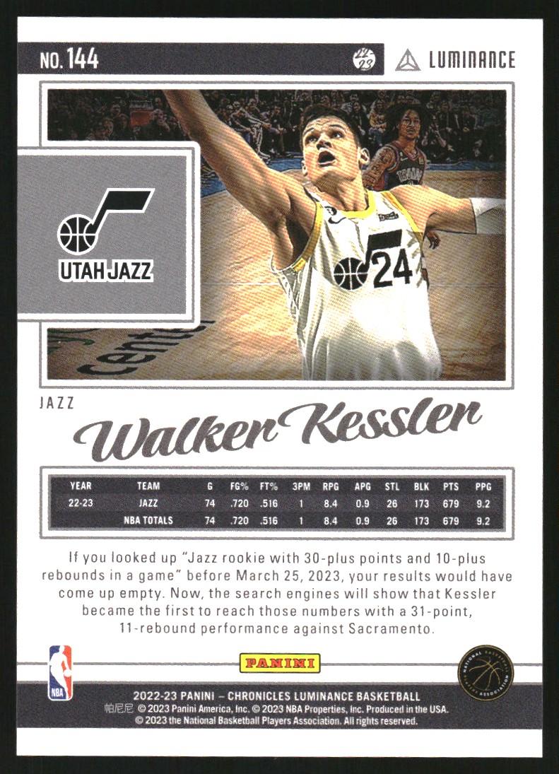 2022-23 Panini Chronicles Blue #144 Walker Kessler/Luminance