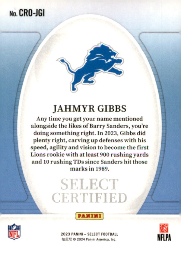 2023 Select Draft Picks Select Certified Rookies #6 Jahmyr Gibbs back image