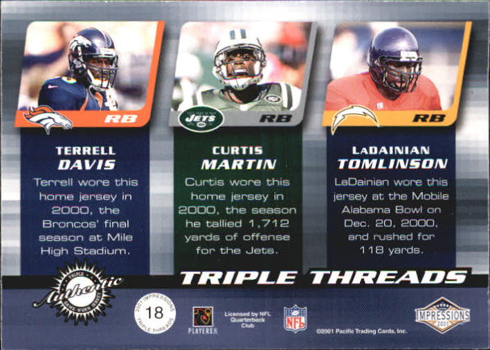 2001 Pacific Impressions Triple Threads #18 Terrell Davis/Curtis Martin/LaDainian Tomlinson back image