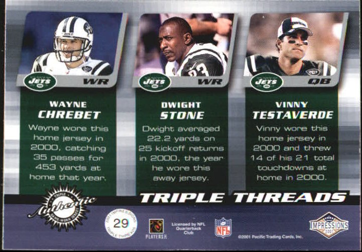 2001 Pacific Impressions Triple Threads #29 Wayne Chrebet/Dwight Stone/Vinny Testaverde back image