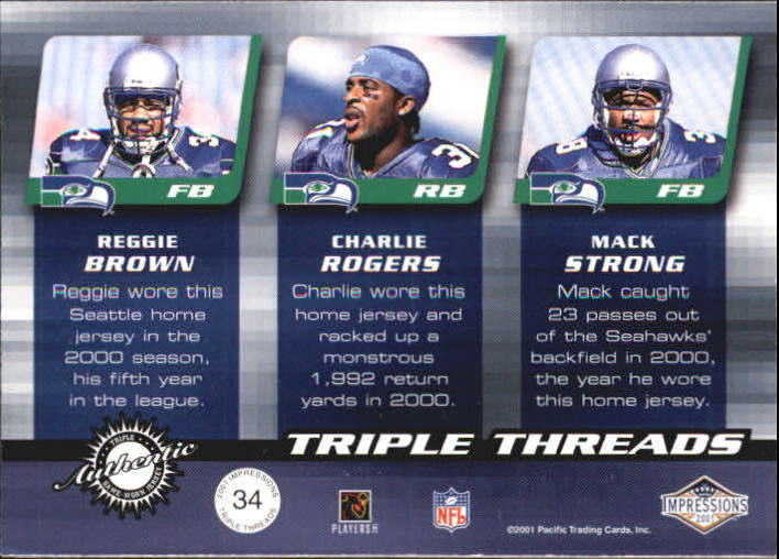 2001 Pacific Impressions Triple Threads #34 Reggie Brown/Charlie Rogers/Mack Strong back image