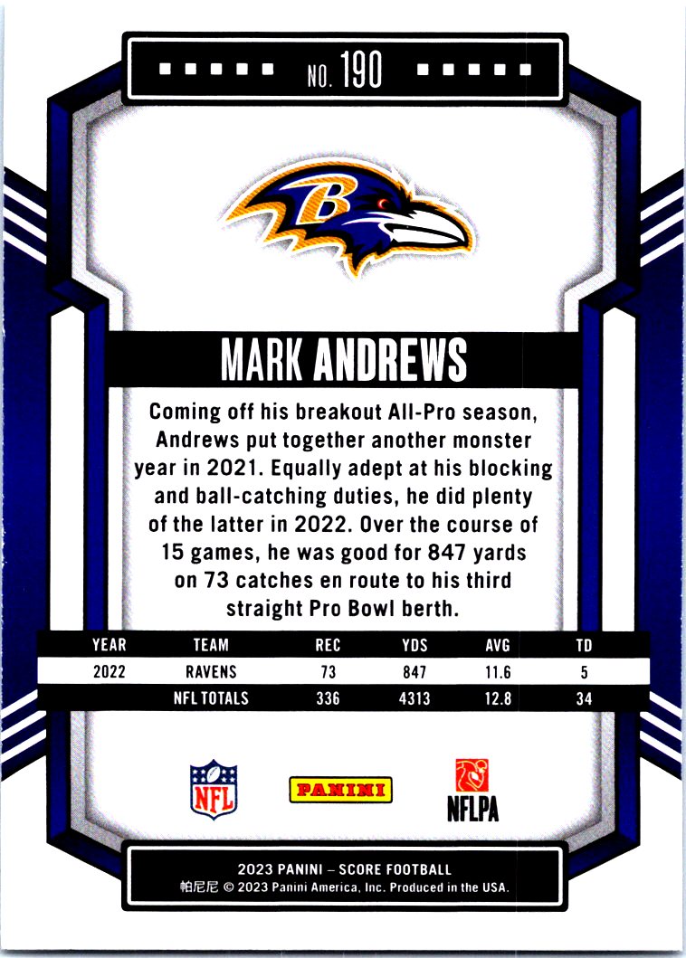 : 2023 Score #190 Mark Andrews Baltimore Ravens Football