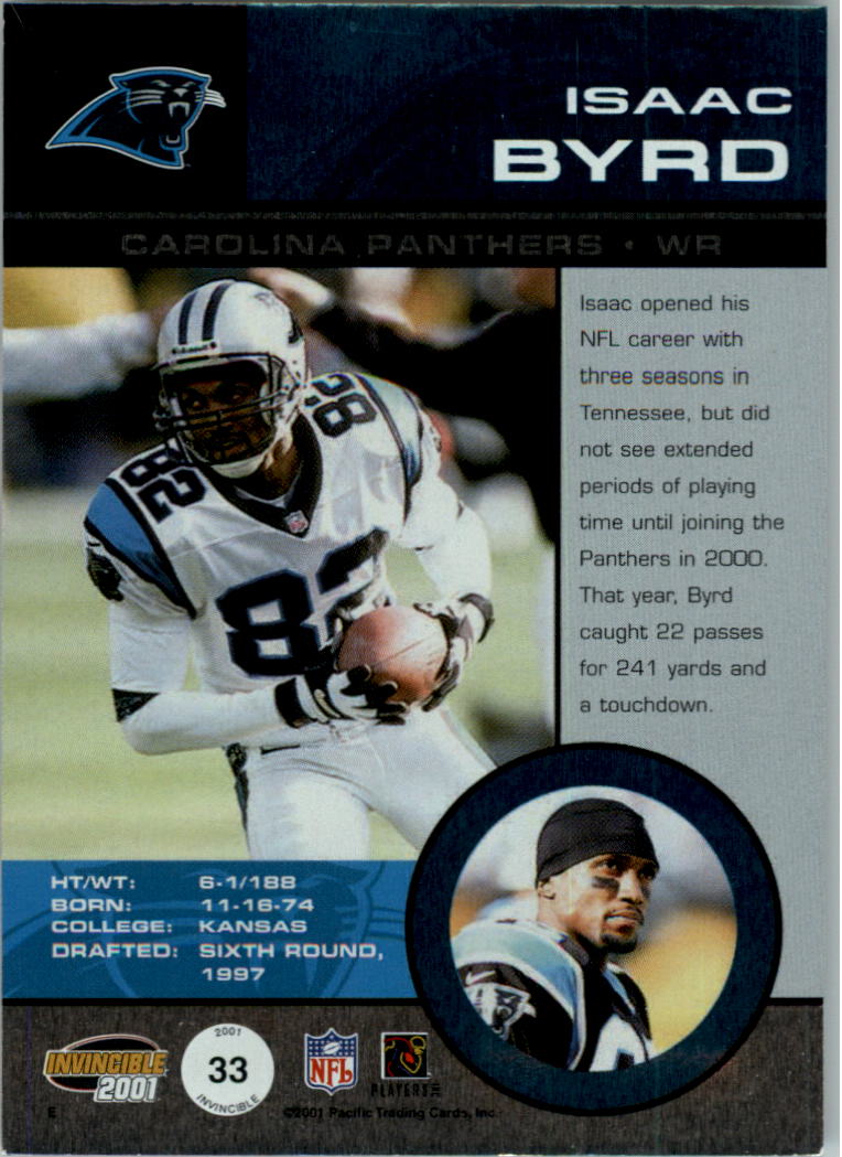 2001 Pacific Invincible Red #33 Isaac Byrd JSY back image
