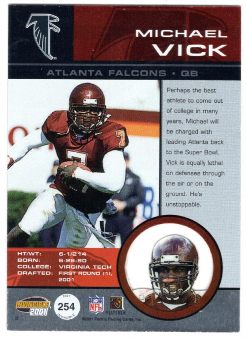 2001 Pacific Invincible Red #254 Michael Vick back image