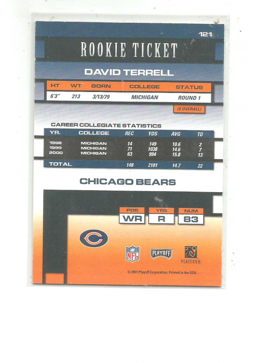 2001 Playoff Contenders #121 David Terrell AU/500* RC back image