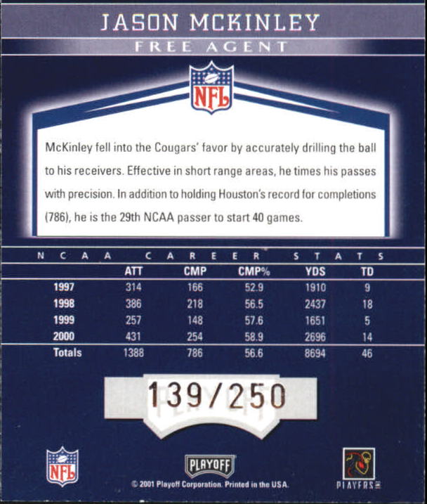 2001 Playoff Honors #108 Jason McKinley RC back image