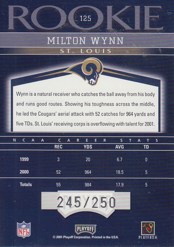 2001 Playoff Honors #125 Milton Wynn RC back image