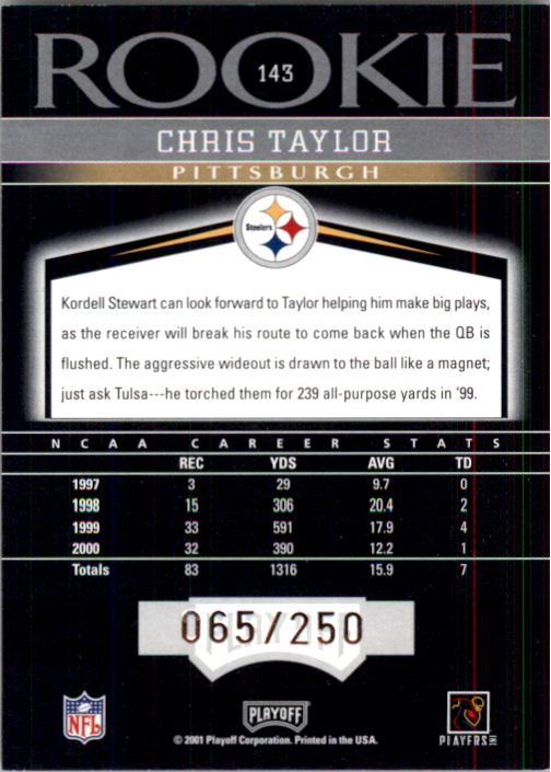 2001 Playoff Honors #143 Chris Taylor RC back image