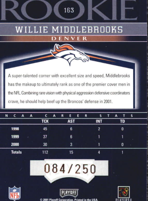 2001 Playoff Honors #163 Willie Middlebrooks RC back image