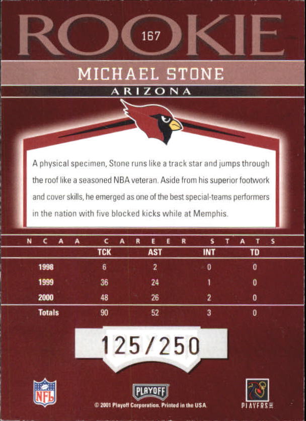 2001 Playoff Honors #167 Michael Stone RC back image
