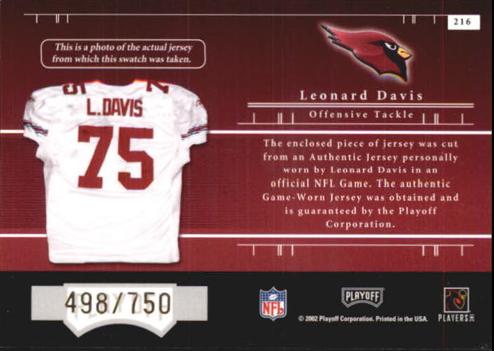 2001 Playoff Preferred #216 Leonard Davis JSY/750 RC back image