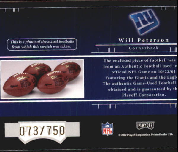 2001 Playoff Preferred #218 Will Peterson FB/750 RC back image