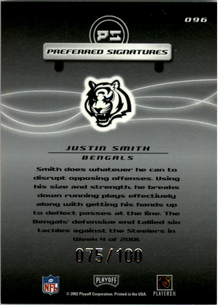 2001 Playoff Preferred Signatures Silver #96 Justin Smith back image