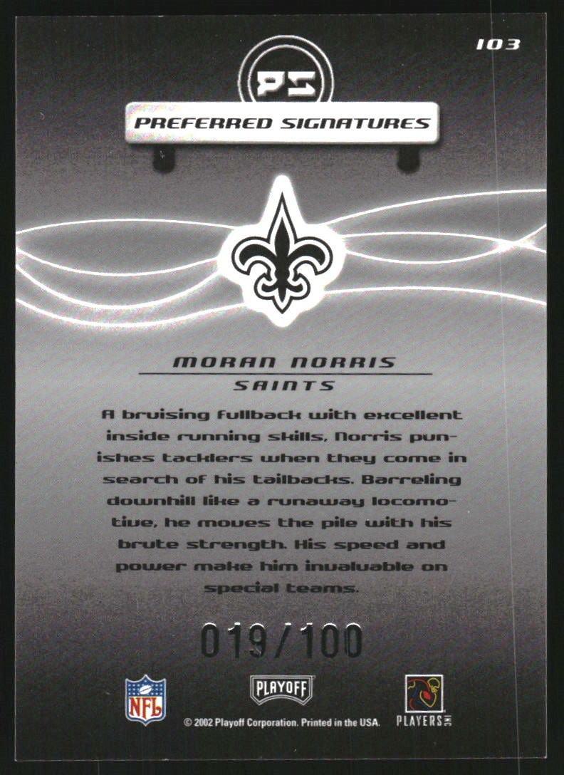2001 Playoff Preferred Signatures Silver #103 Moran Norris back image