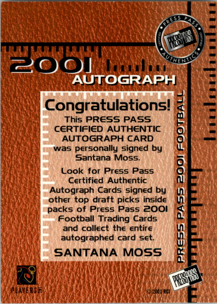 2001 Press Pass Autographs #30 Santana Moss back image