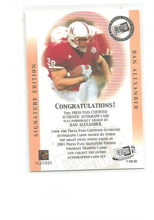 2001 Press Pass SE Autographs Bronze #1 Dan Alexander back image