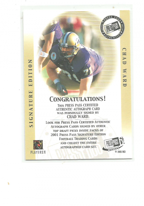 2001 Press Pass SE Autographs Bronze #49 Chad Ward back image
