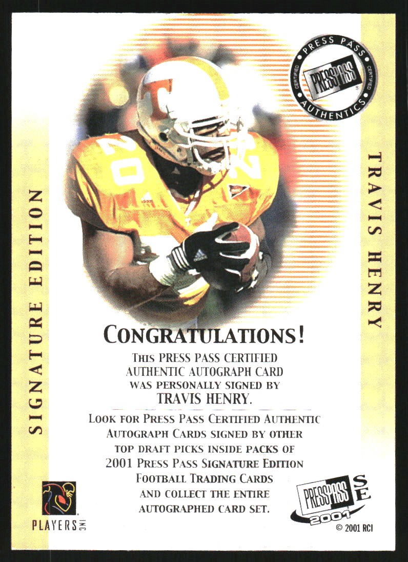 2001 Press Pass SE Autographs Silver #14 Travis Henry back image