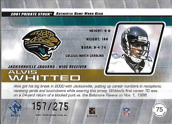2001 Private Stock Game Worn Gear Patch #75 Alvis Whitted/275 back image