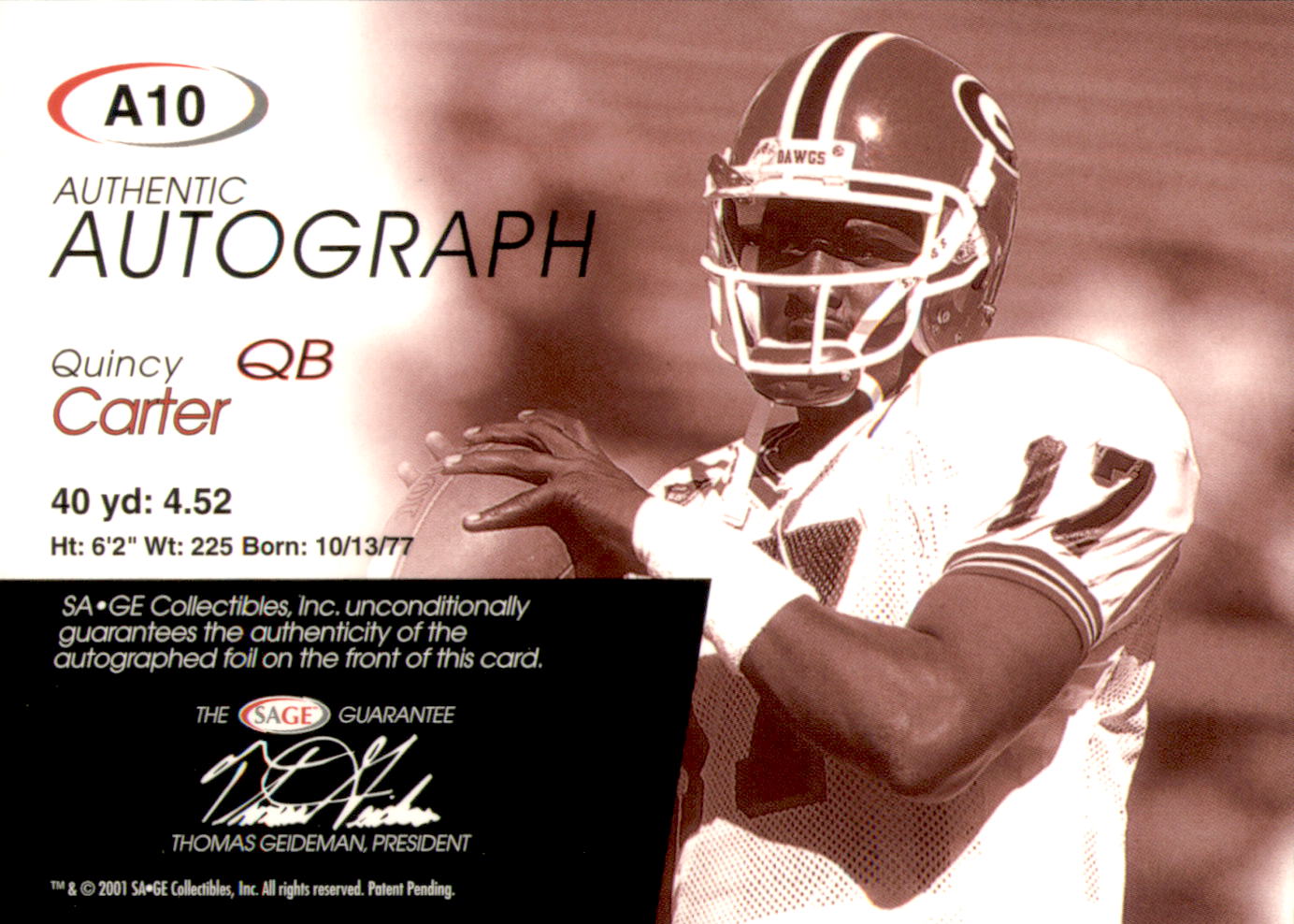 2001 SAGE Autographs Red #A10 Quincy Carter back image