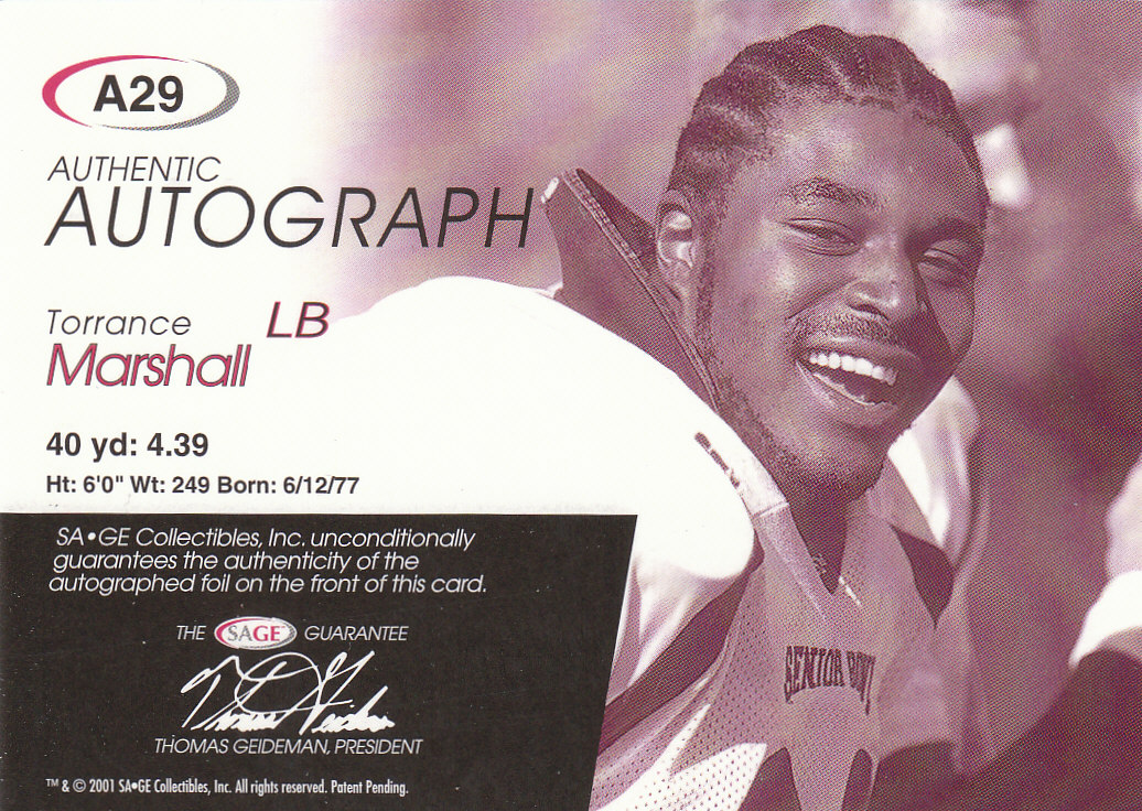 2001 SAGE Autographs Red #A29 Torrance Marshall back image