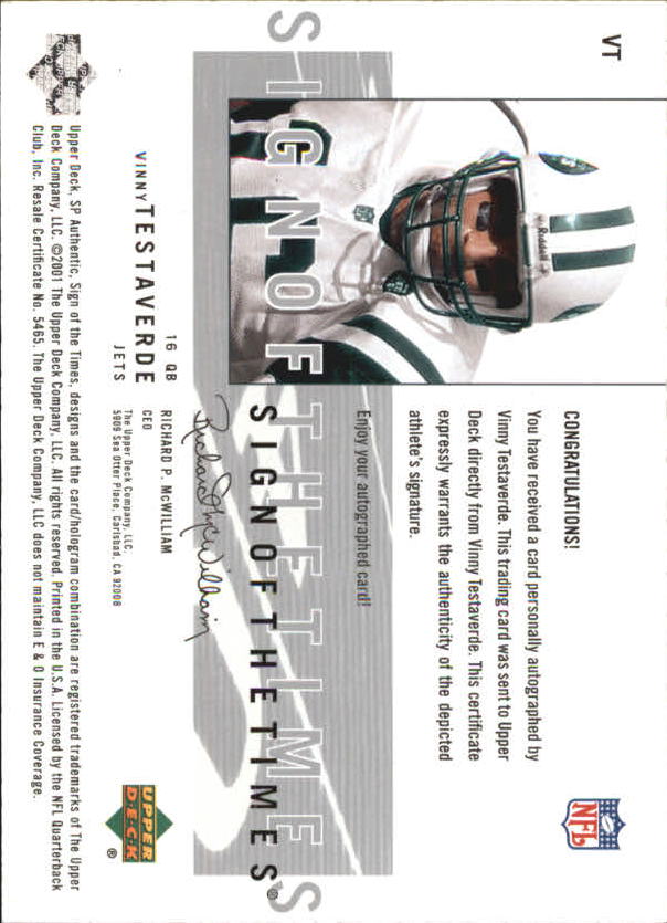 2001 SP Authentic Sign of the Times #VT Vinny Testaverde SP back image
