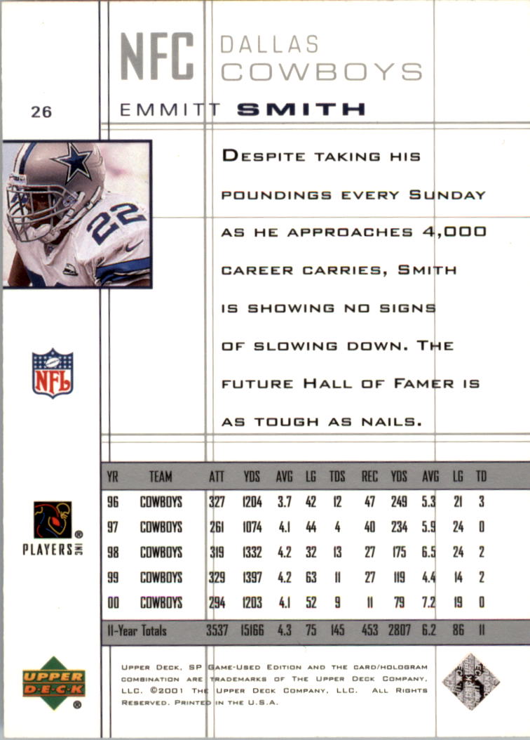 2001 SP Game Used Edition #26 Emmitt Smith back image
