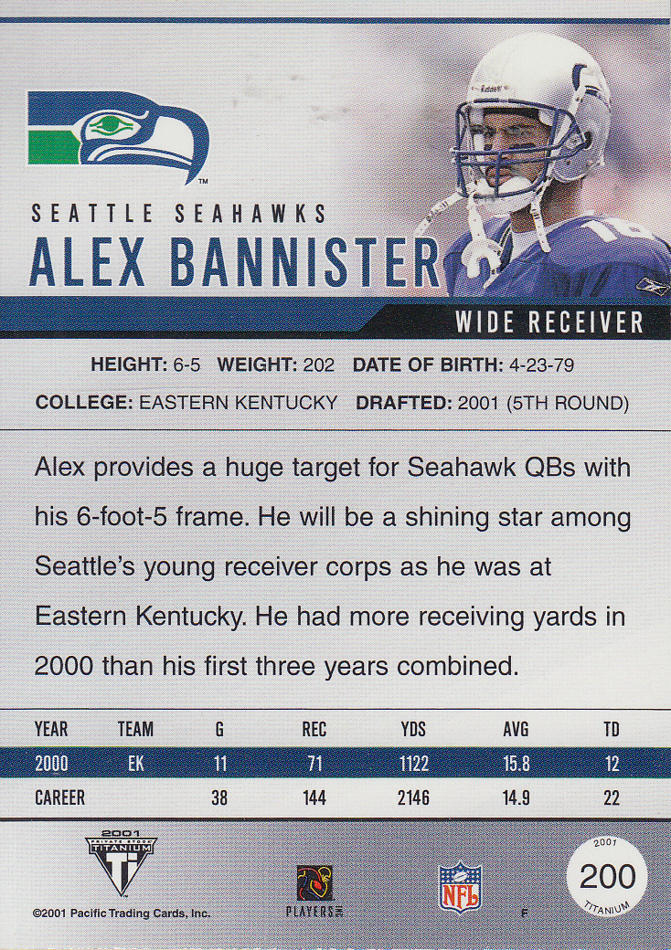 2001 Titanium #200 Alex Bannister JSY RC back image