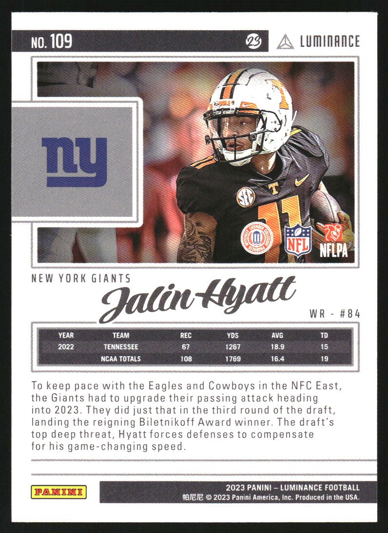 2023 Panini Luminance #109 Jalin Hyatt RC