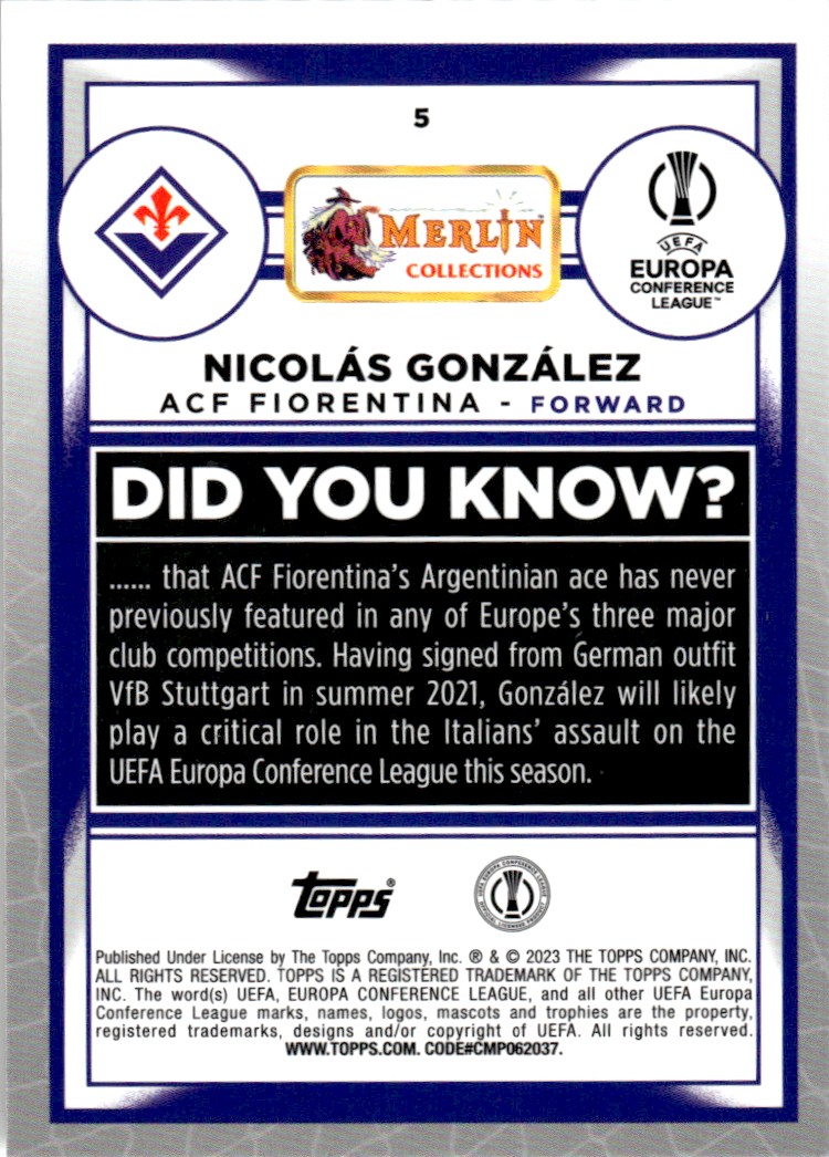 2022-23 Topps Merlin UEFA #5 Nicolas Gonzalez