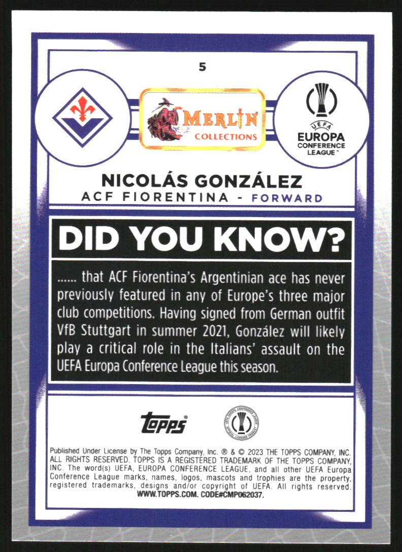 2022-23 Topps Merlin UEFA Aqua Prism Refractors #5 Nicolas Gonzalez