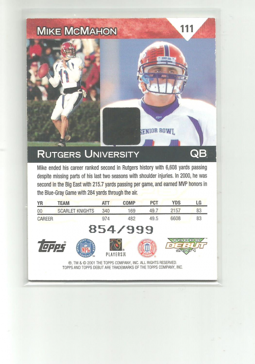 2001 Topps Debut #111 Mike McMahon JSY RC back image