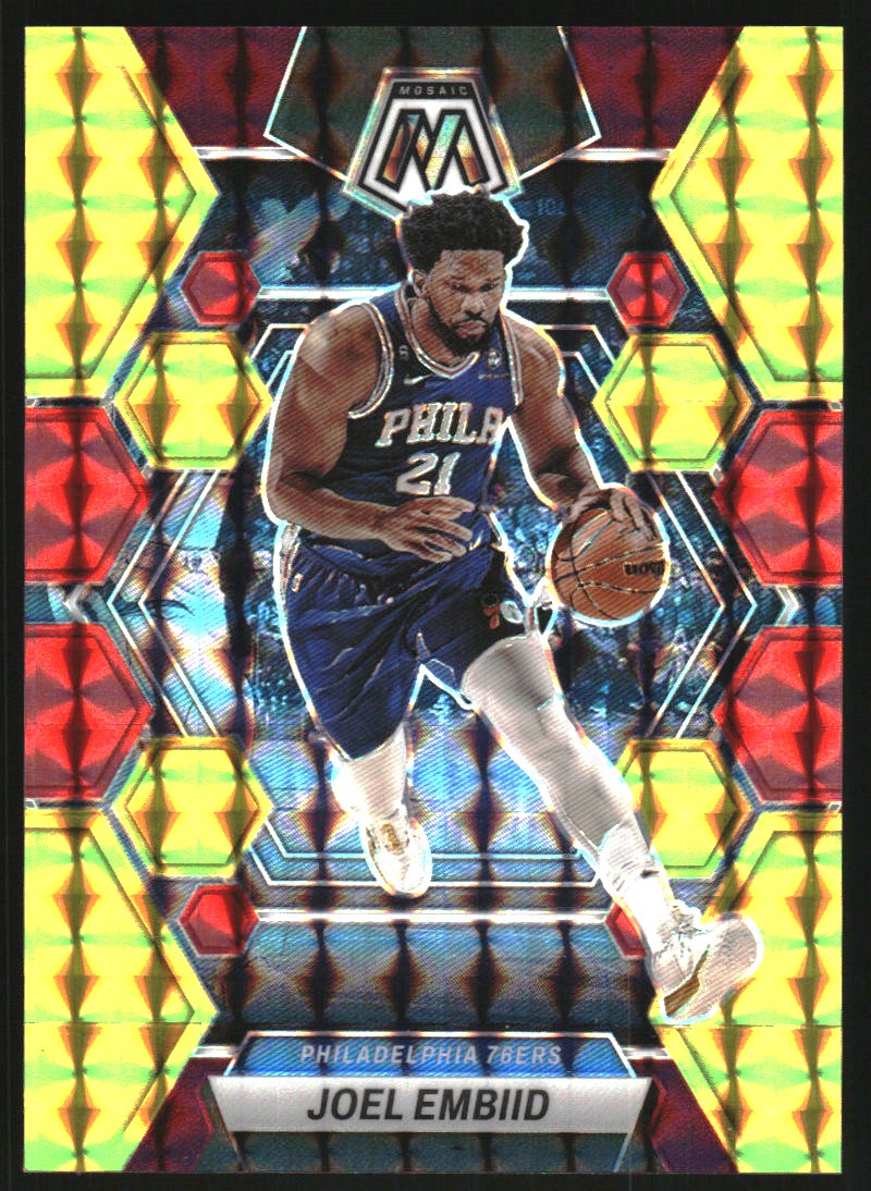 2022-23 Panini Mosaic Mosaic Choice Fusion Red and Yellow #141 Joel Embiid