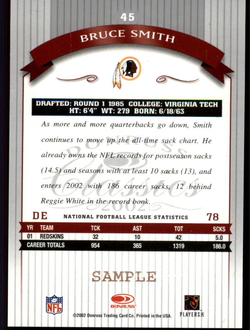 2002 Donruss Classics Samples #45 Bruce Smith back image