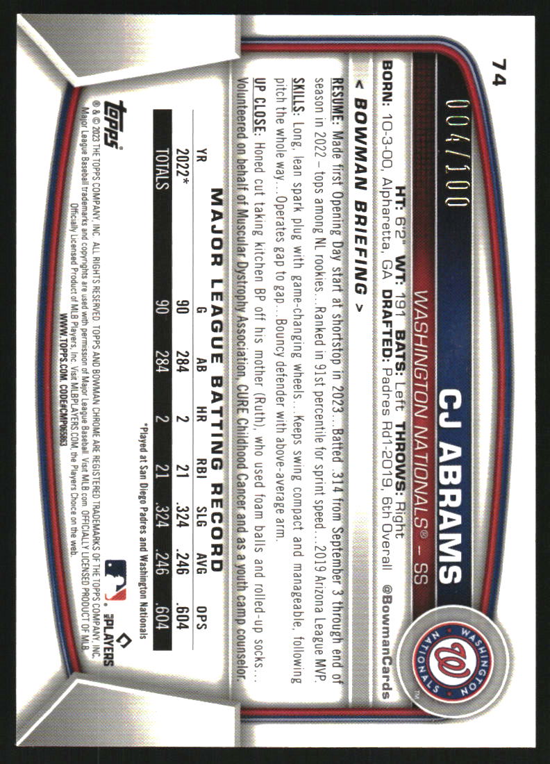 2023 Bowman Chrome Wave Refractors #74 CJ Abrams /100