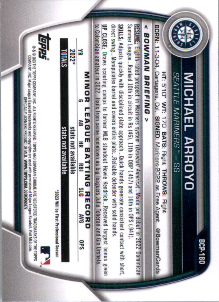 Selección de tarjeta de béisbol Bowman Chrome Prospects 2023 (base) - Imagen 306 de 438