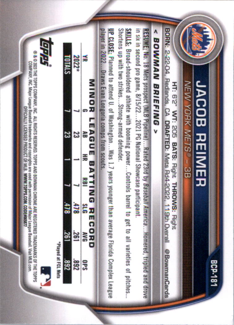 Selección de tarjeta de béisbol Bowman Chrome Prospects 2023 (base) - Imagen 308 de 438