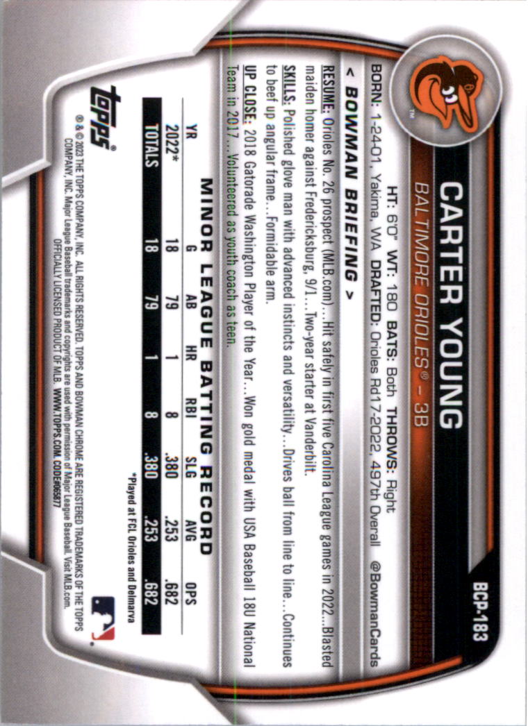 Selección de tarjeta de béisbol Bowman Chrome Prospects 2023 (base) - Imagen 312 de 438