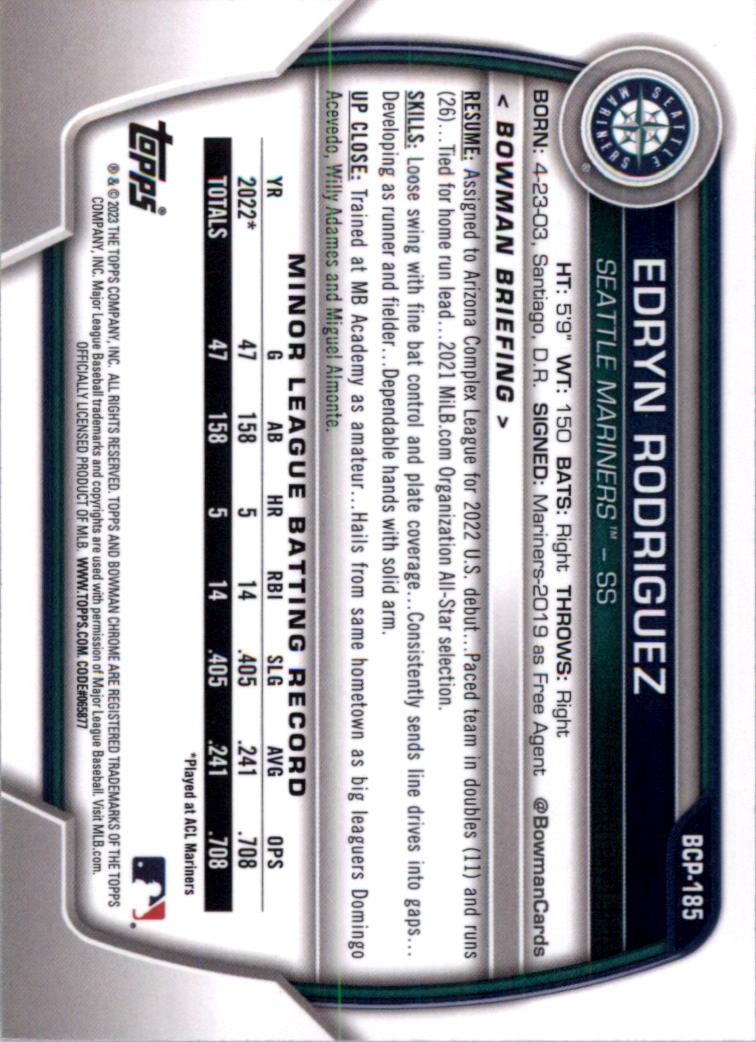 Selección de tarjeta de béisbol Bowman Chrome Prospects 2023 (base) - Imagen 316 de 438